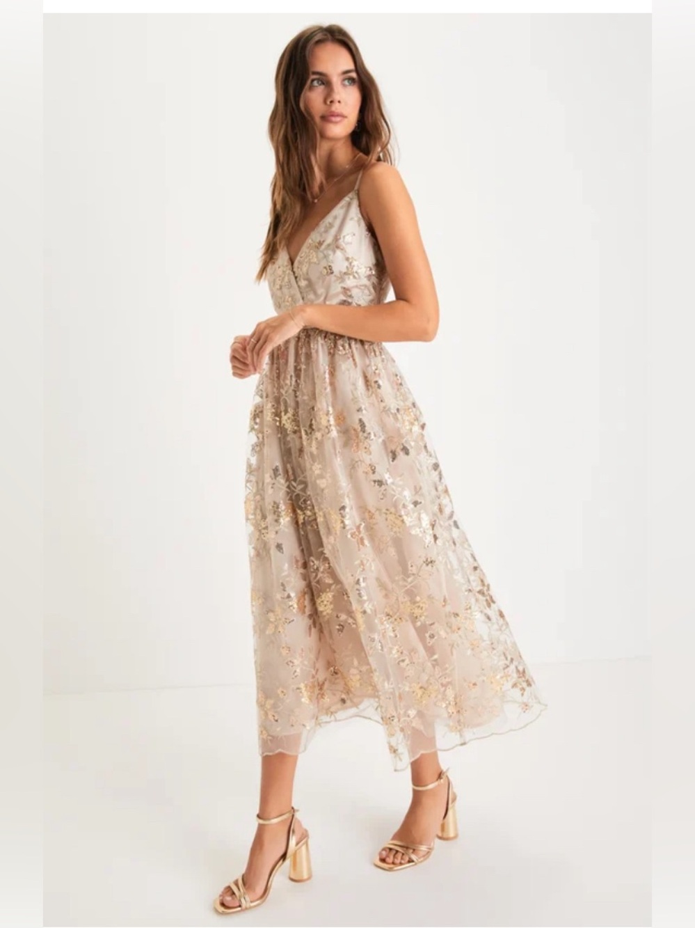 Glittery Glamour Gold Floral Embroidered Sequin Midi Dress Size L